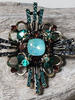 New Art Decco Rhinestone Brooch Green Teal Stones in Darkened Gold Tone Metal